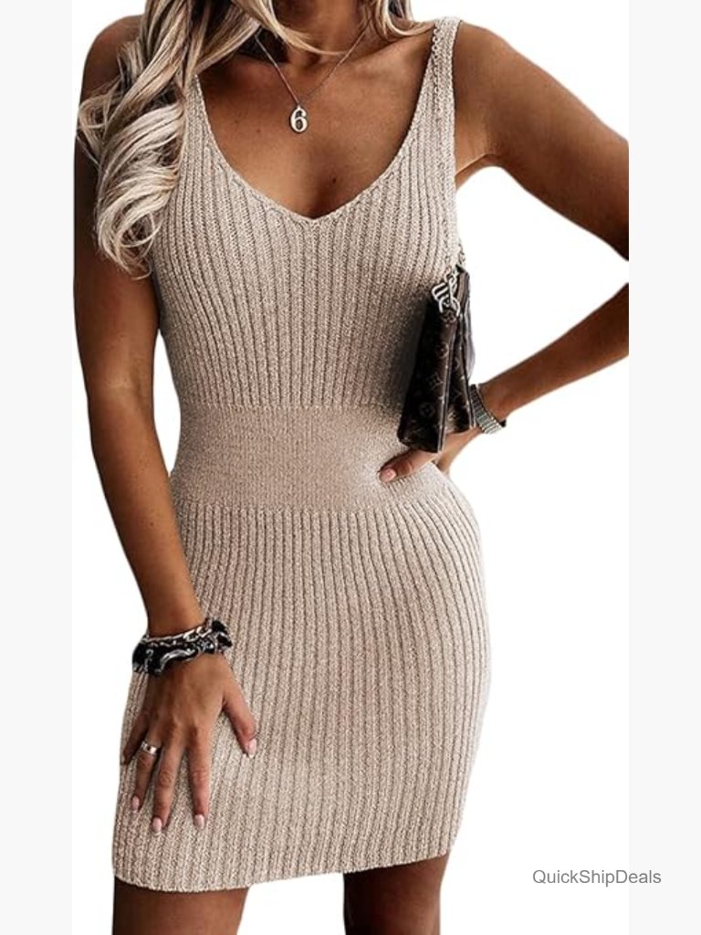 Viscose Ribbed Knit Bodycon Tank Dress Sleeveless V-Neck Mini